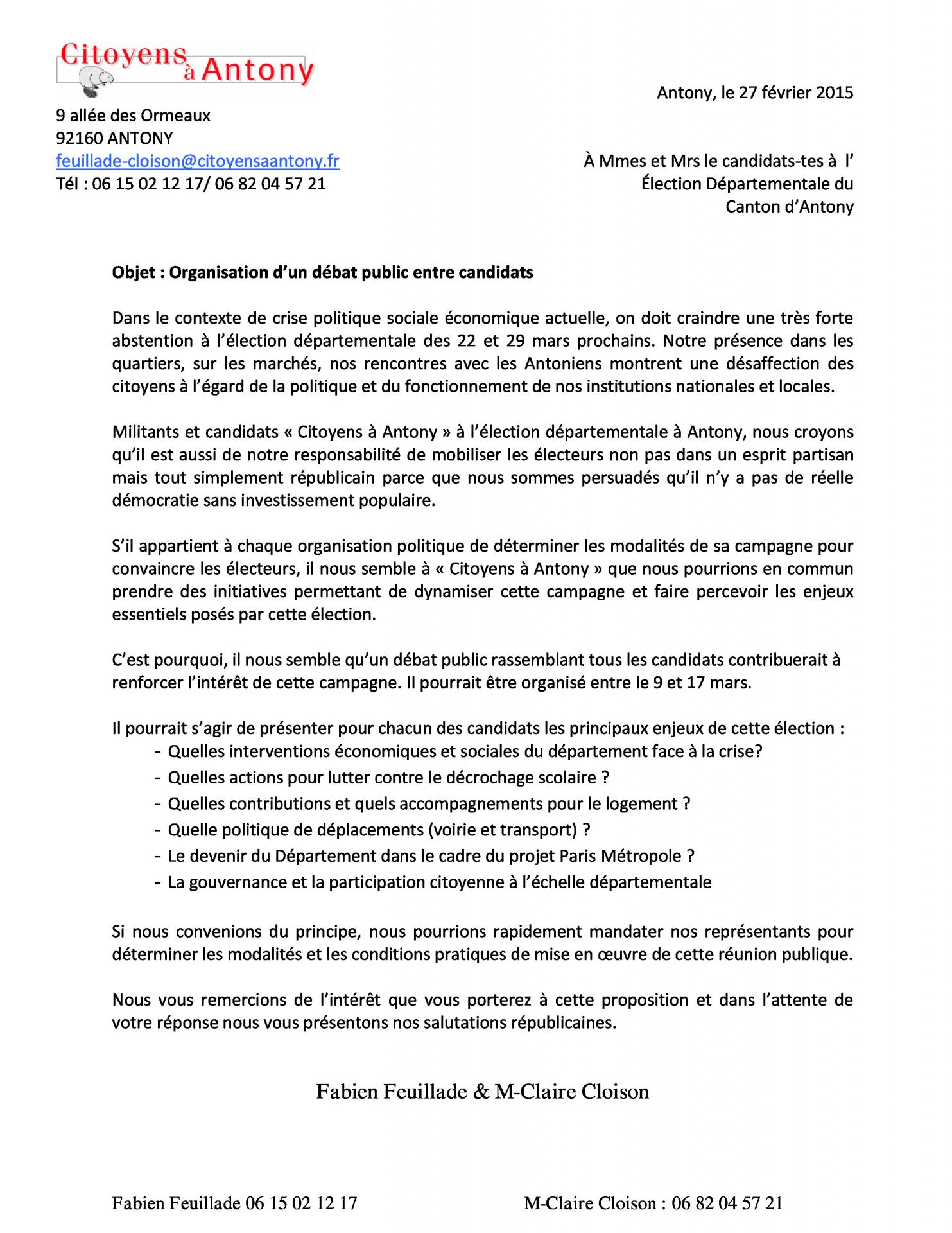 Lettre aux candidats aux départementales